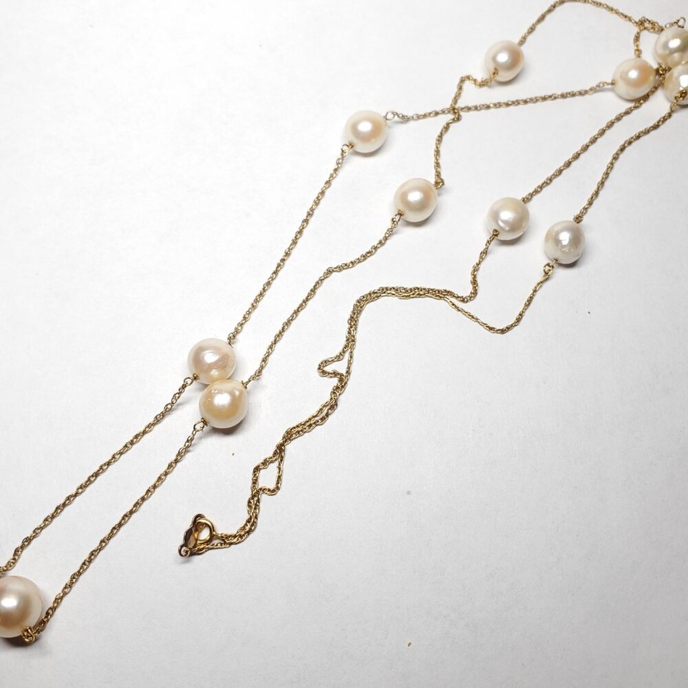 14k Yellow Gold And Pearl Long Station Necklace
